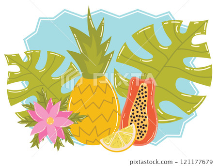 Cartoon summer still life with tropic fruits, Monstera leaves and flower. Blue frame. Pineapple and papaya. Cartoon summer still life with tropic fruits, Monstera leaves and flower. Blue frame. Pineapple and papaya. 121177679
