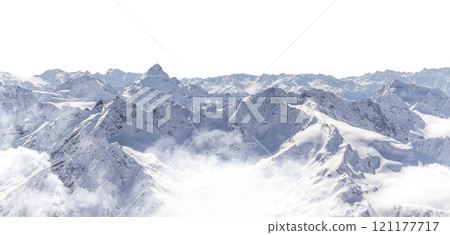 Panorama of winter mountains covered in snow isolated on white background 121177717
