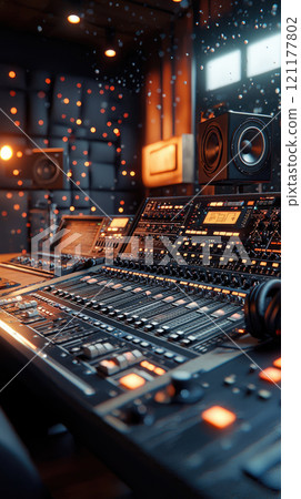 Vertical view of mixing console and professional music equipment in recording studio. Concept of sound, audio, desk, mixer Vertical view of mixing console and professional music equipment in recording studio. Concept of sound, audio, desk, mixer 121177802