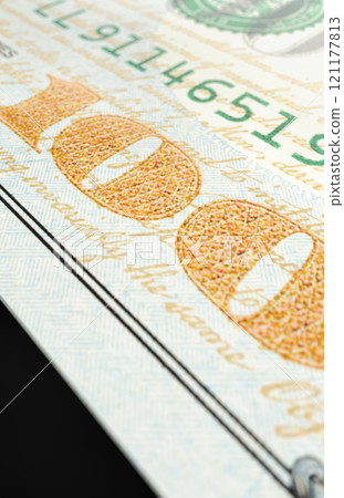 One Hundred Dollar Bills Close-up Abstract. 121177813