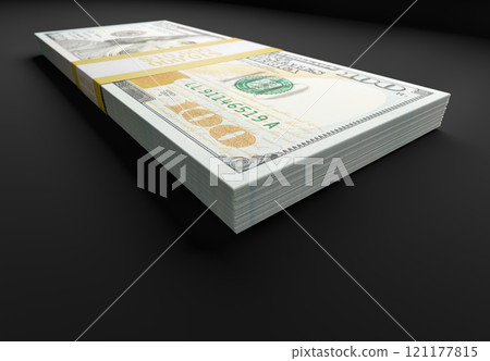 Stack of Ten Thousand Dollars of One Hundred Dollar Bills on Black Reflective Surface. 121177815