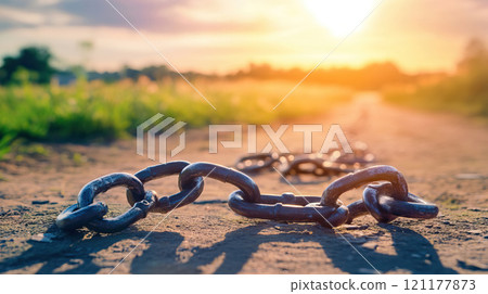 The Broken Chains Lying on a Dusty Pathway Beneath a Beautiful Sunset in the Sky 121177873