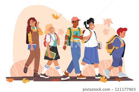Cute schoolchildren cartoon characters going back to school together under falling autumn leaves 121177903