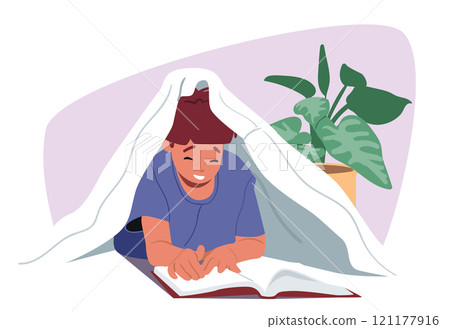 Cute little child cartoon character reading paper book hiding under blanket in home bedroom Cute little child cartoon character reading paper book hiding under blanket in home bedroom 121177916