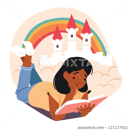 Dreamlike cute girl child cartoon character reading fairy tale book about princess in castle 121177921