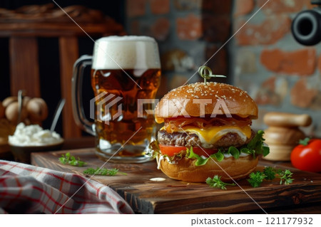 Hamburger and beer on table classic staple food pairing 121177932