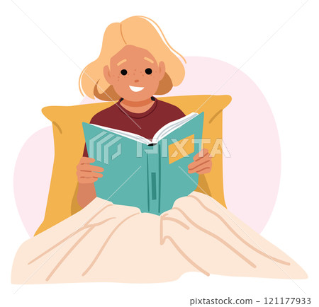 Cute little girl child cartoon character reading paper story book in cozy home bed before bedtime Cute little girl child cartoon character reading paper story book in cozy home bed before bedtime 121177933