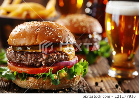 Hamburger and beer on table classic staple food pairing 121177936