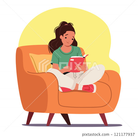 Smiling teenage girl cartoon character reading book while sitting in comfortable home armchair Smiling teenage girl cartoon character reading book while sitting in comfortable home armchair 121177937
