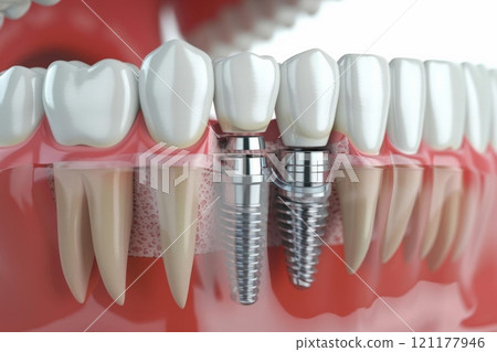 The concept of dental implants. A 3D rendering showing a dental implant placed between teeth The concept of dental implants. A 3D rendering showing a dental implant placed between teeth 121177946