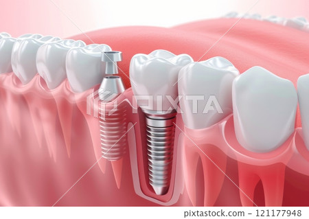 The concept of dental implants. A 3D rendering showing a dental implant placed between teeth The concept of dental implants. A 3D rendering showing a dental implant placed between teeth 121177948