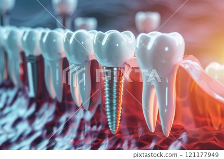 The concept of dental implants. A 3D rendering showing a dental implant placed between teeth The concept of dental implants. A 3D rendering showing a dental implant placed between teeth 121177949