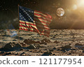 US flag waving on the moon, no atmosphere, vehicle in landscape 121177954