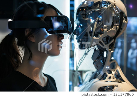 A woman is observing the robots facial features like jaw and eyelashes A woman is observing the robots facial features like jaw and eyelashes 121177960
