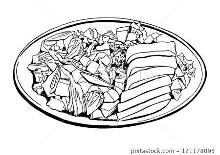Hand Drawn Pork Dinner with Kale Salad on Plate, Vector Doodle Illustration 121178093