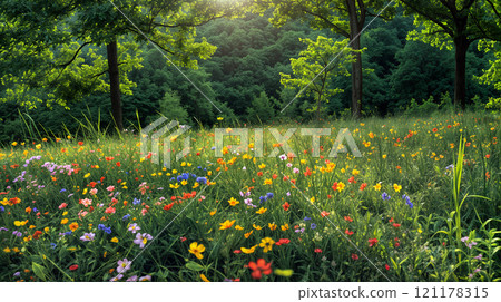 A vibrant meadow filled with wildflowers in the afternoon sunlight surrounded by lush green trees 121178315