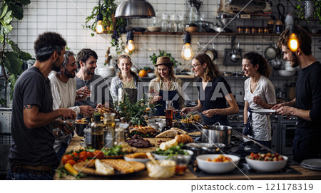 A lively gathering of friends sharing a meal in a cozy kitchen filled with plants and delicious dishes 121178319
