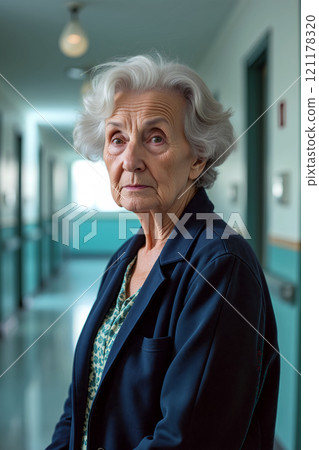 Elderly woman in a hospital corridor looking thoughtfully at the camera during afternoon light 121178320