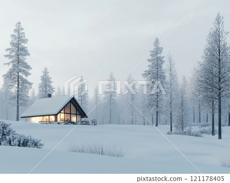 Beautiful winter landscape with modern country house 121178405