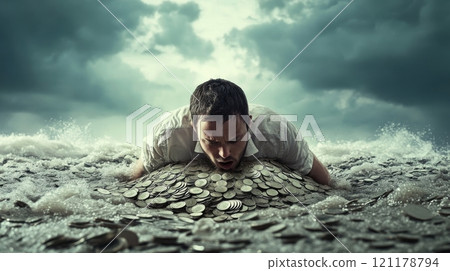 A man is in the water with a pile of coins on his head 121178794
