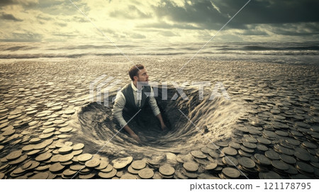 A man is in a hole with a lot of coins around him 121178795