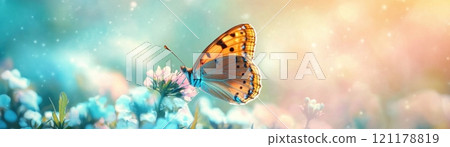 A butterfly is flying over a field of flowers 121178819