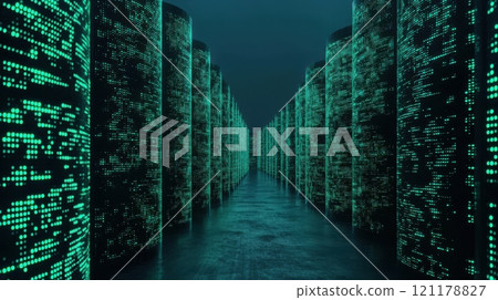 A long hallway with many green buildings 121178827