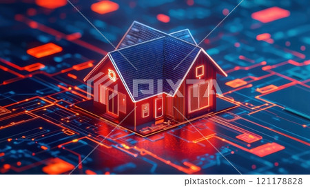 A house is shown in a digital format, with a red roof and a blue trim A house is shown in a digital format, with a red roof and a blue trim 121178828