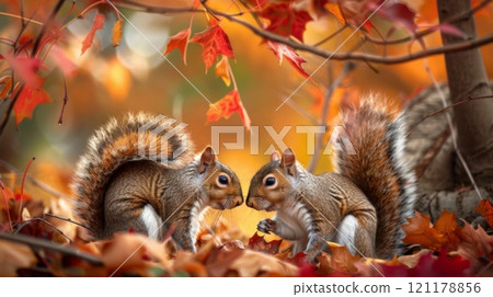 Two squirrels are playing in the leaves of a tree Two squirrels are playing in the leaves of a tree 121178856