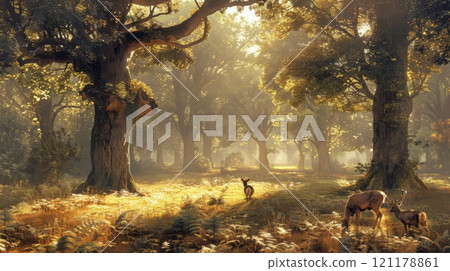 A forest scene with a deer and a few other animals 121178861
