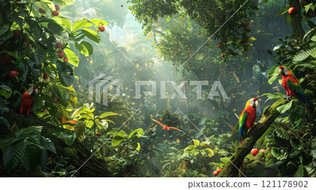 Two parrots are perched on a branch in a lush green jungle 121178902