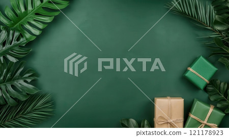 A green background with a large leafy green plant 121178923