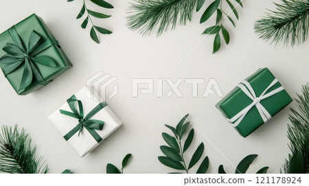 The boxes are decorated with green ribbons and leaves The boxes are decorated with green ribbons and leaves 121178924