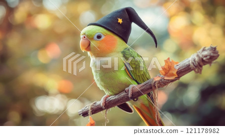 A parrot wearing a black hat is perched on a branch 121178982