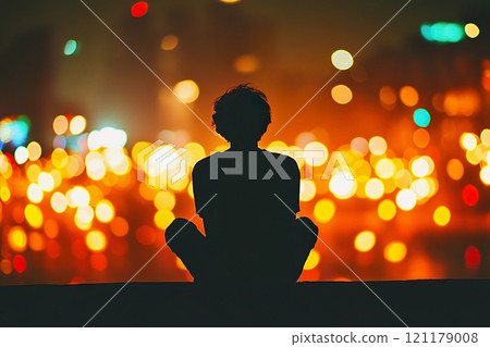 Person contemplates the vibrant city lights while seated quietly on ledge. 121179008