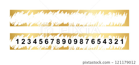 Gold scratchcard surfaces in rectangle shapes with scraped textures and numbers underneath. Raffle, lottery, sale coupon or promo code card templates. Vector illustration 121179012