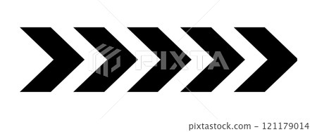 Black chevron arrows in horizontal arrangement. Repeated V-shaped stripes design. Motion, loading, road caution, military or navigation sign isolated on white background. Vector graphic illustration Black chevron arrows in horizontal arrangement. Repeated V-shaped stripes design. Motion, loading, road caution, military or navigation sign isolated on white background. Vector graphic illustration 121179014