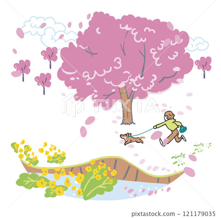 盛開的櫻花下，一個人被狗拉著奔跑 庫存插畫素材 121179035