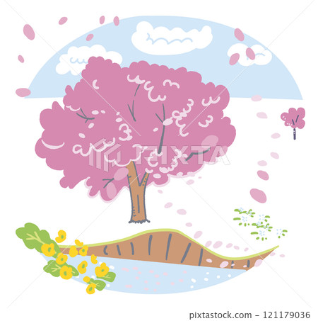 河邊盛開的大櫻花樹 庫存插畫素材 121179036