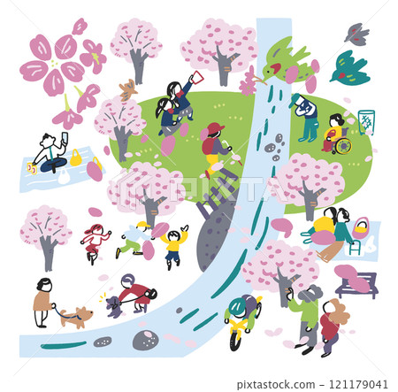 人們在公園裡欣賞盛開的櫻花的俯視圖 庫存插畫素材 人們在公園裡欣賞盛開的櫻花的俯視圖 庫存插畫素材 121179041