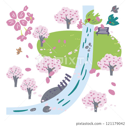 盛開的櫻花公園俯視圖庫存插畫素材 121179042