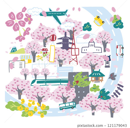 櫻花盛開的日本城市俯視圖 庫存插畫素材 121179043