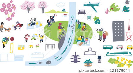 Cherry blossom viewing icon, slightly overhead view, set stock illustration material 121179044