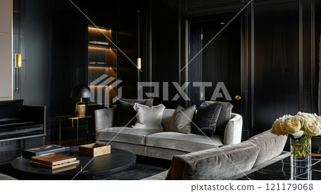 Elegant Living Room with Dark Decor 121179068