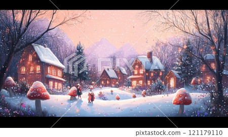 A painting of a snowy village with houses and a few people walking around 121179110