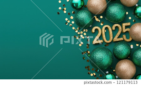 A green background with gold and green balls and a sign that says 2025 A green background with gold and green balls and a sign that says 2025 121179113