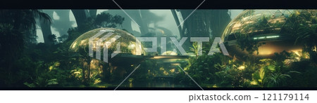 A futuristic cityscape with a lot of green trees and buildings A futuristic cityscape with a lot of green trees and buildings 121179114