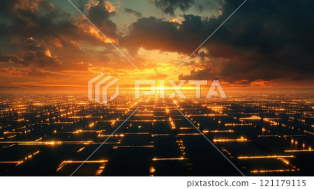 A cityscape with a bright orange sun in the sky A cityscape with a bright orange sun in the sky 121179115