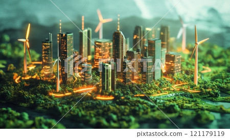 A city with a lot of windmills and a green forest A city with a lot of windmills and a green forest 121179119