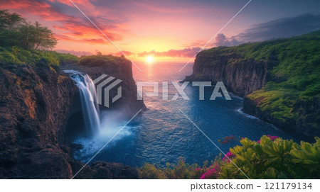 A waterfall is in the foreground of a beautiful blue ocean 121179134